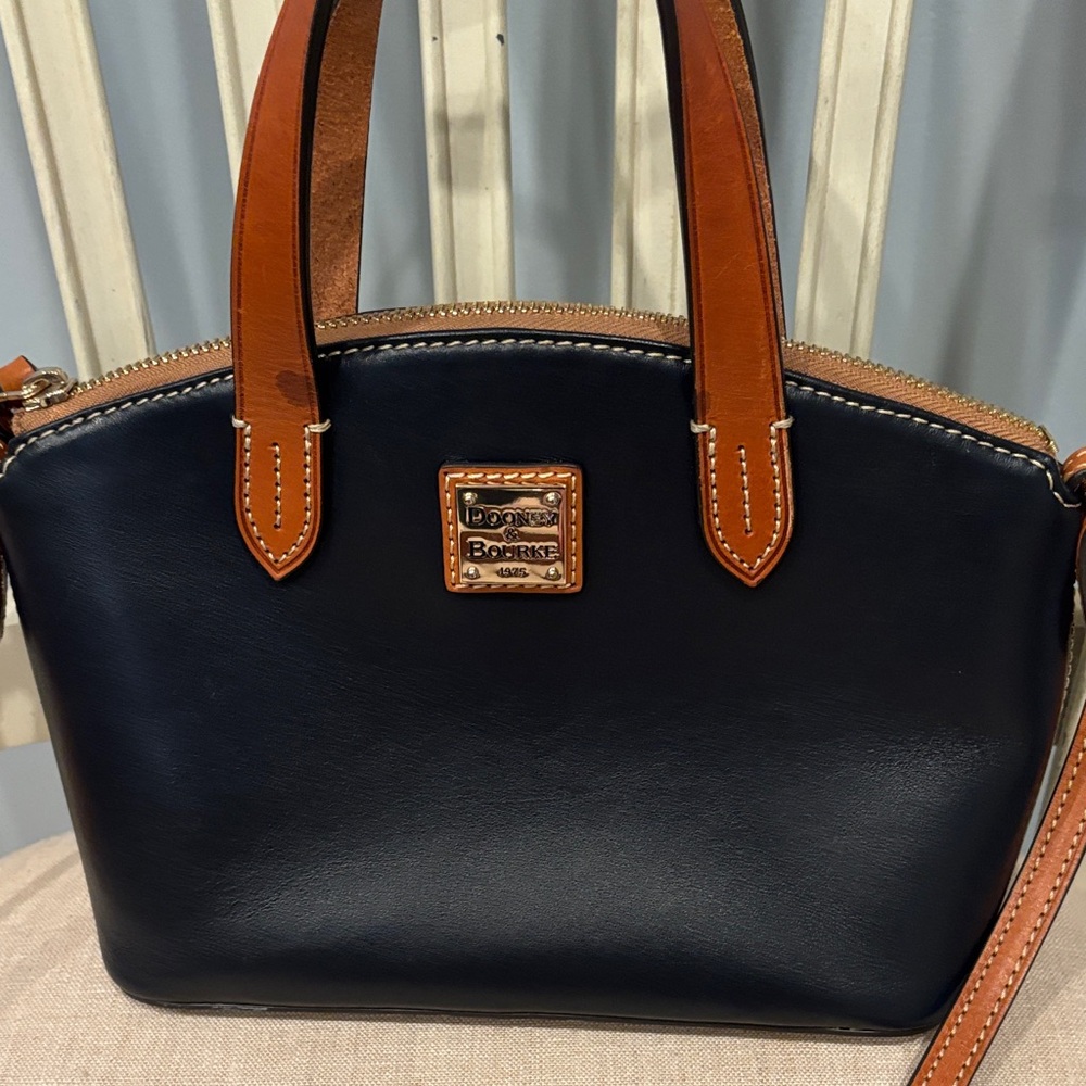 Dooney & Bourke Navy Blue Leather Ruby Dome Satchel with Tan Trim - Picture 2 of 10